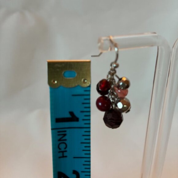 Earrings - silver tone with clusters of brown and burgundy beads - Picture 4 of 4